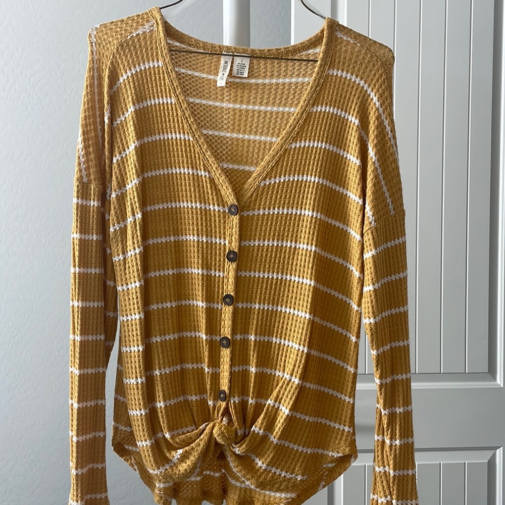 striped button up sweater yellow & white